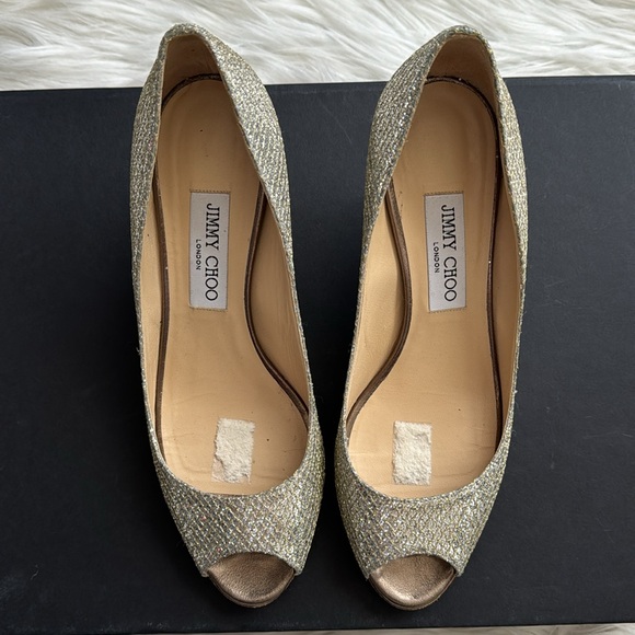 Jimmy Choo Gold Glitter Leather “Isabel” Peep Toe Heels Size 38 1/2 - Picture 7 of 13